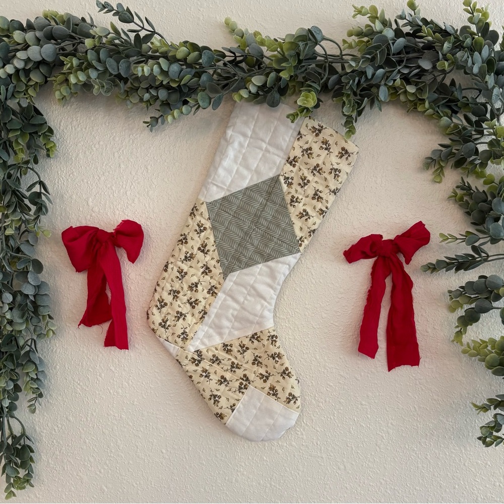 Patchwork Holiday Stocking - Cream and Green